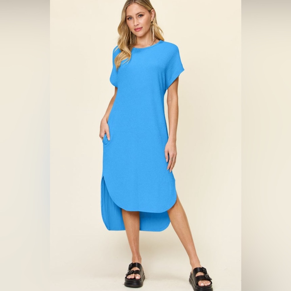Double Take Blue Asymmetrical High-Low Dress with Dolman Sleeves
